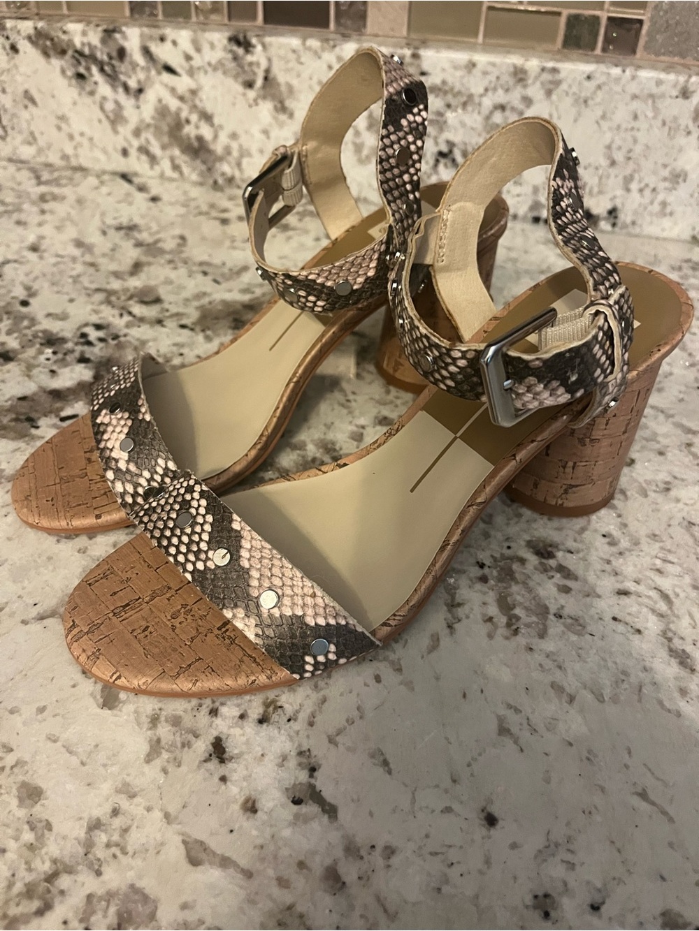 Dolce Vita snake skin print studded sandals with “cork” heel. Size 7.5
